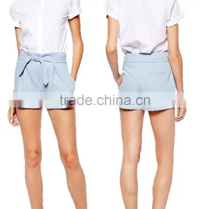 2014 China Supplier Pale Blue High-rise Shorts With Attached Tie Waist Belt Woman Sexy Teens Hot Pants Shorts thumbnail-1