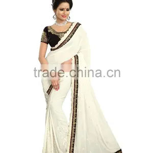 White Georgette Saree With Black Valvet Blouse thumbnail-1