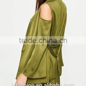 Picture of Office Ladies Cold Shoulder Tie Waist Satin Blazer Green Two Piece Sets for Office Ladies thumbnail-3
