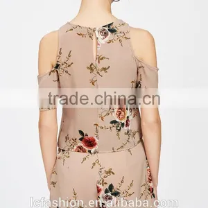 Two Piece Set Women Clothing Floral Print Cold Shoulder Crop Split Top With Shorts thumbnail-3