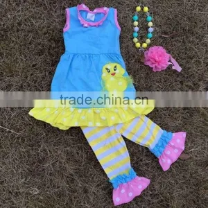 2015 New Baby Girl Blue & Yellow Easter Stripe Pant Set Outfits With Matching Necklace and Headband thumbnail-1
