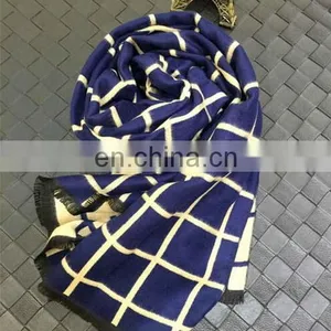 Double Sides Grid Ivory Blue Faux Wool Women Fashion Tartan thumbnail-3