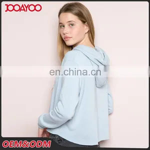 Soft Fleece-lined Pastel Blue Cropped Raw Cut Hems Blank Pullover Hoodie thumbnail-4