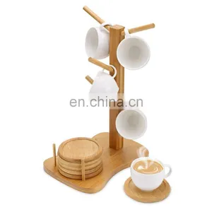 Household Multi-function Bamboo Coffee Cup Drying Holder Rack With 6 Coasters For Gift thumbnail-1