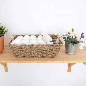 Natural Seagrass Basket With Wooden Handle Handmade Rattan Storage Basket thumbnail-3