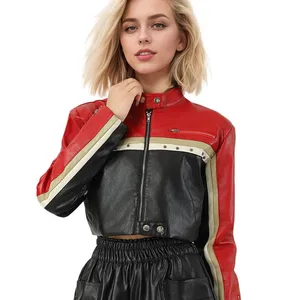 2025 Internet Red Block Spliced PU Leather Waist-exposed Cool Women's Leather Jacket Customization thumbnail-2