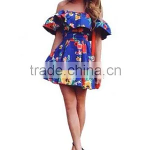 Sexy Shoulders a Word Only Beautiful Ruffled Printed Strap Dress Fashion Dress thumbnail-2