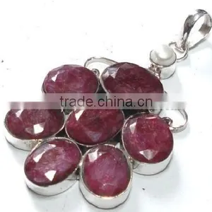 Sterling Silver Ruby With Pearl Pendant, Semiprecious Pendant K5342, Bridal Jewellery thumbnail-1