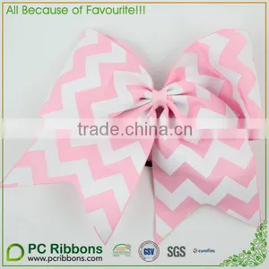 Pink Chevron Grosgrain Big Cheer Bow With Ponytail Elastic Loop thumbnail-1