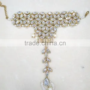 CRYSTAL Beads HANDCOVER GYPSY BRACELET RING Gold Tone thumbnail-2