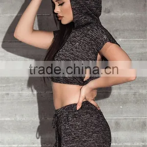 MGOO Custom Made Women Running Jersey Hoodie Black Marled Split Crop Tops Jumpers Fashion Sport Tops thumbnail-2