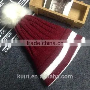 Brand Design 2016 Newly Design Women Winter Warm Crochet Knitted Hat Striped Cap Beanie With Faux Fur Ball thumbnail-2