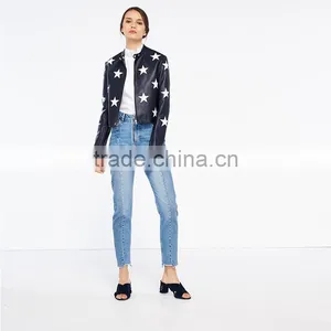 Fashion Contrasting Coloured Stars Cropped Leather Jackets for Women thumbnail-2