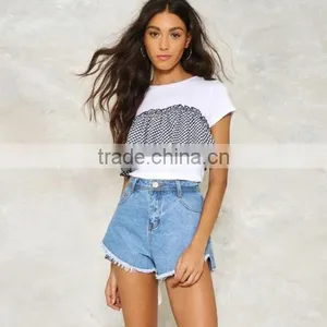 Mixed Fabric & Cotton Women Short Sleeve T-Shirts Different Size for Choice & False Two Piece Patchwork Plaid Black 85844 thumbnail-1