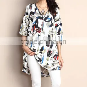Best Sellers Women Tops With White Floral V-Neck Puff Sleeve Tunic Women Flower Blouse Women Wear GD90426-42 thumbnail-1