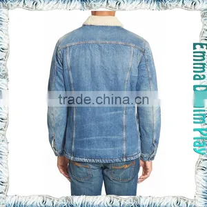 2016 Wholesale Men's Raw Blue Slim Long Sleeve Thick Fleece Lined Winter Denim Jackets thumbnail-3