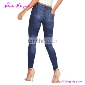 Wholesale Fashion Pants Dark Blue Ripped Embroidery Ladies Jeans thumbnail-4