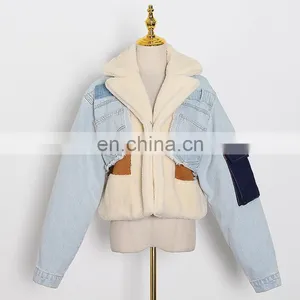 Winter 2020 Women New Fashion Thick Warm Denim Coat Tailored Collar Stitching Contrast Color Lamb Wool Loose-fitting Jacket thumbnail-2