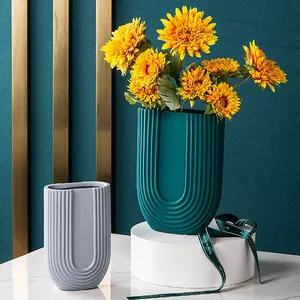 U-Shaped Geometric Stripes Morandi Color Green Ceramic Vase For Dried Flower Arrangement thumbnail-3