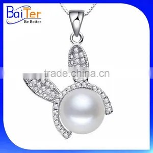 Personalized 925 Sterling Silver Fresh Water Natural Pearl Rabbit Bunny Pendant Necklace thumbnail-1