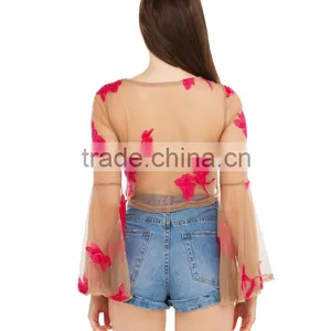 Elegant Women Floral Printed Sheer Long Sleeve Sexy Blouse thumbnail-3