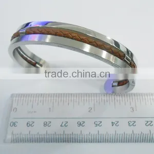 Stainless Steel Bangle With Leather on the Middle thumbnail-1