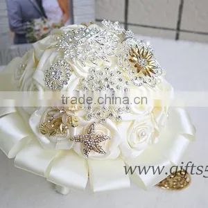 Luxurious White Silk Flowers Wedding Bouquets With Beads, Rhinestones, Brooches thumbnail-1