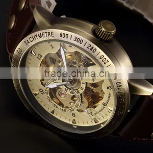 Mens Vintage Bronze Skeleton Analog Auto Sport Mechanical Watch thumbnail-3