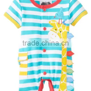 Red and Write Stripe Applique Bear Organic Cotton Summer Wear Short Sleeve Wholesale Pattern Custom Made Kids Jumpsuit thumbnail-3