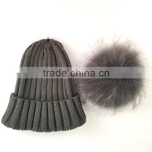 Myfur Matched Color Real Raccoon Fur Bobble Attached Wool Beanie Hat thumbnail-3