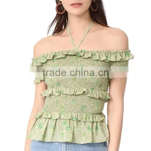 2017 OEM Femme Halter Ties Dainty Floral Elastic Ruffles Frill Blouse thumbnail-6