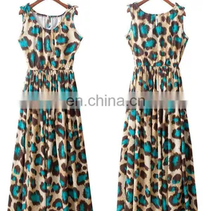 Blue Leopard Sleeveless u Neck Long Dress Cotton Skirt thumbnail-1