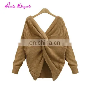 Eaby Hot Sale Khaki V-neck Backless Knitting Cheap Women Cashmere Ugly Sweater thumbnail-1