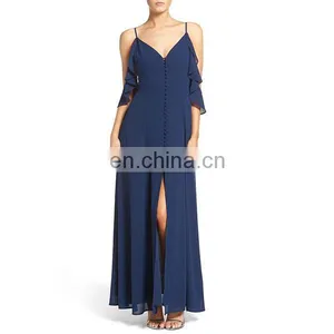 New Arrival Women Clothes Fluttery Short Sleeves Ladies Dress Off the Shoulder Front Slit Chiffon Maxi Dress thumbnail-2