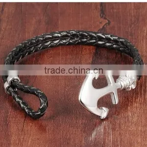 Cheap Stainless Steel Skull Boat Anchor Double Braided Leather Bracelet Punk Rock Style thumbnail-4