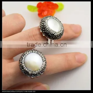 LFD-0011R ~ Charm Jewelry Rhodium Plated 23mm Natural Pearl Rings, Crystal Rhinestone Paved Druzy Pearl Finger Ring thumbnail-3