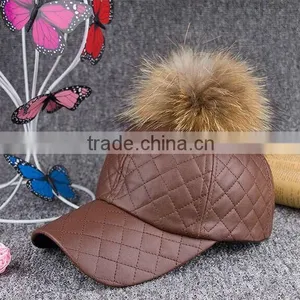 Fashion Plaid Sport Hat With Real Raccoon Fur Balls PU Leather Snapback Baseball Caps With Animal Fur Pompoms thumbnail-5