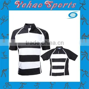 OEM Custom Short Sleeve Plain Striped Rugby Shirts in Black and White thumbnail-2