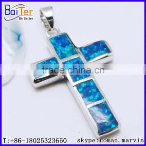 Opal Factory !! Custom 925 Sterling Silver Created Blue Gems Opal Cross Pendant Wholesale thumbnail-1