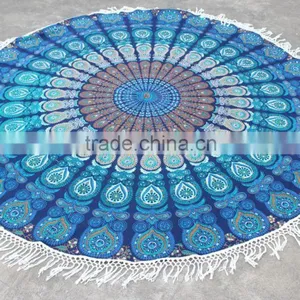 Round Mandala Turquoise Beach Sheet Tapestry Gold Print Indian Wall Hanging Hippie Indian Tapestry Bohemian Wall Hanging thumbnail-1