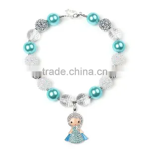 Blue Neckalce With Cute Girl Doll and Satin Bow Flower Hairband Wholesale Baby Girls Chunky Necklace and Hairband thumbnail-5