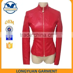 Bright Red Slim Fit Style Fashion Material New Design pu Leather Jacket for Woman 2016 thumbnail-1