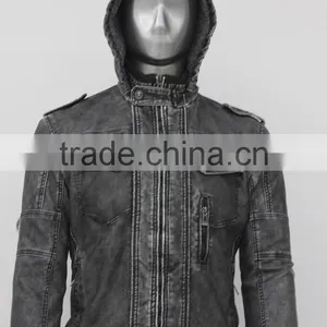 2014 Europe Style Fashion Men Hot Sale PU Leather Hood Jacket thumbnail-1
