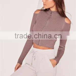 High Waist Short Style Women Knitted Crop Zip Through Cold Shoulder Crop Jumper Purple thumbnail-2