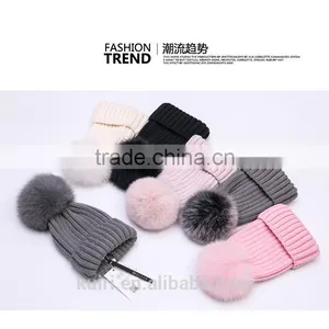 Factory Supply 14cm Fox Fur Ball Cap Pom Poms Winter Hat for Women Girl 's Wool Hat Knitted Cotton Beanies Cap Brand New Design thumbnail-1
