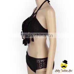 Bohemia Style Black Plain Knitting Halter Decorative Tassel Kids Holiday Swimwear Yong Girl Indian Remake Photo Bikini Bra thumbnail-4