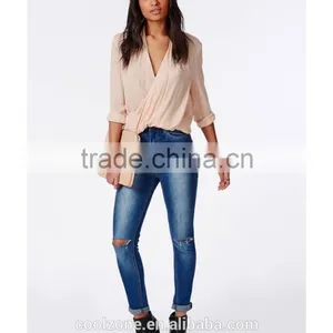 100% Polyester Wrap Over Nude Women Blouse for Middle Aged Women thumbnail-5