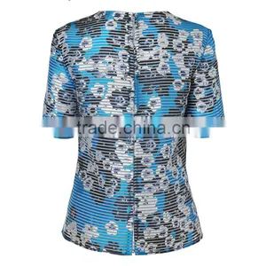 Women New Fashion Round Neck Jacquard T Shirt Digital Floral Printed With Stripes Tops for Ladies thumbnail-2