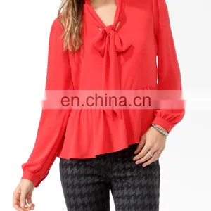 CHEFON Long Sleeve Tie Collar Relaxed Fit Peplum New Model Blouse for Women thumbnail-1