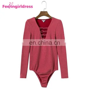 Latest Design Big Stock Dark Red Knitting Bodysuit Long Sleeves Women Sexy Jumpsuits Rompers thumbnail-1